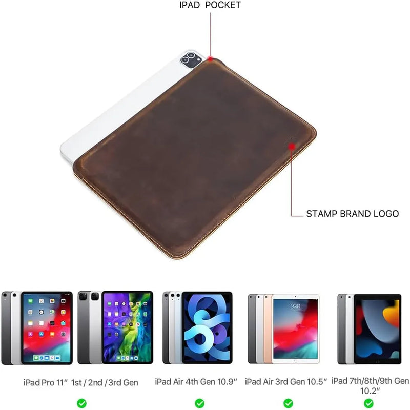 Contacts Family 11 Inch Slim Cow Genuine Leather Tablet Sleeve Case Cover - Coffee