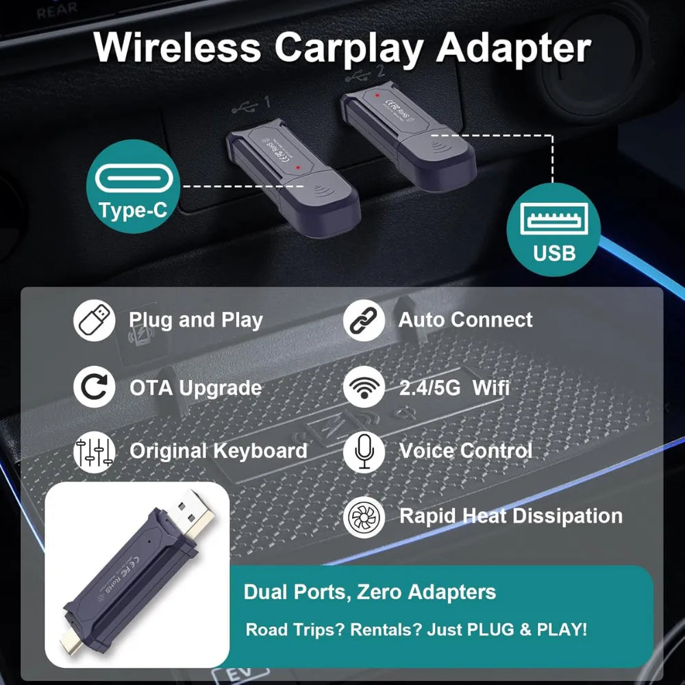 Mini Pro 2-in-1 Wireless CarPlay & Android Auto Adapter 2025 Upgrade, Dual USB-C/A, Fast Auto-Connect, No Lag, Easy Setup