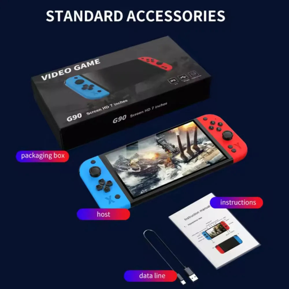 G90 7-Inch IPS HD Handheld Game Console, Multi-System Emulator, Quad-Core Processor, Dual Joysticks, TV Output - Red & Blue