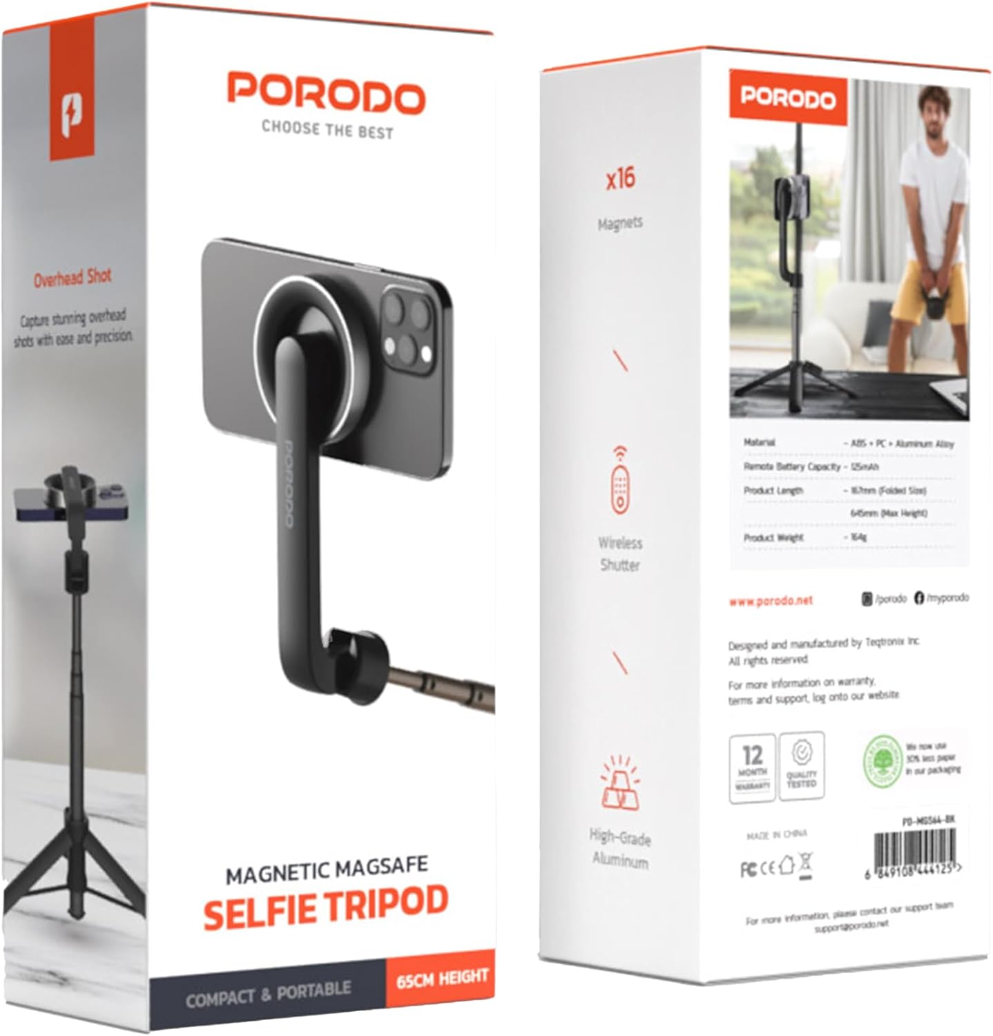 Porodo Magnetic Magsafe Selfie Stick 64.5cm Adjustable Tripod 125mAh Battery