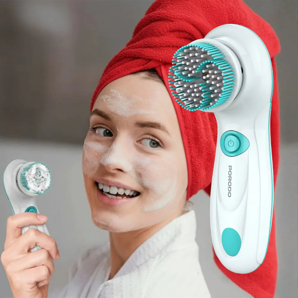 Porodo 4-in-1 Facial Cleansing Brush 2-Speed 360° Rotation with 4 Brush Attachments, 500mAh Battery, Type-C Charging – White