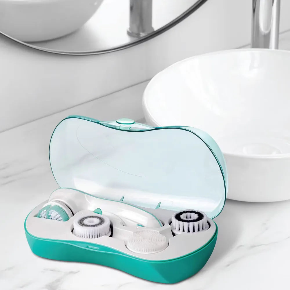 Porodo 4-in-1 Facial Cleansing Brush 2-Speed 360° Rotation with 4 Brush Attachments, 500mAh Battery, Type-C Charging – White