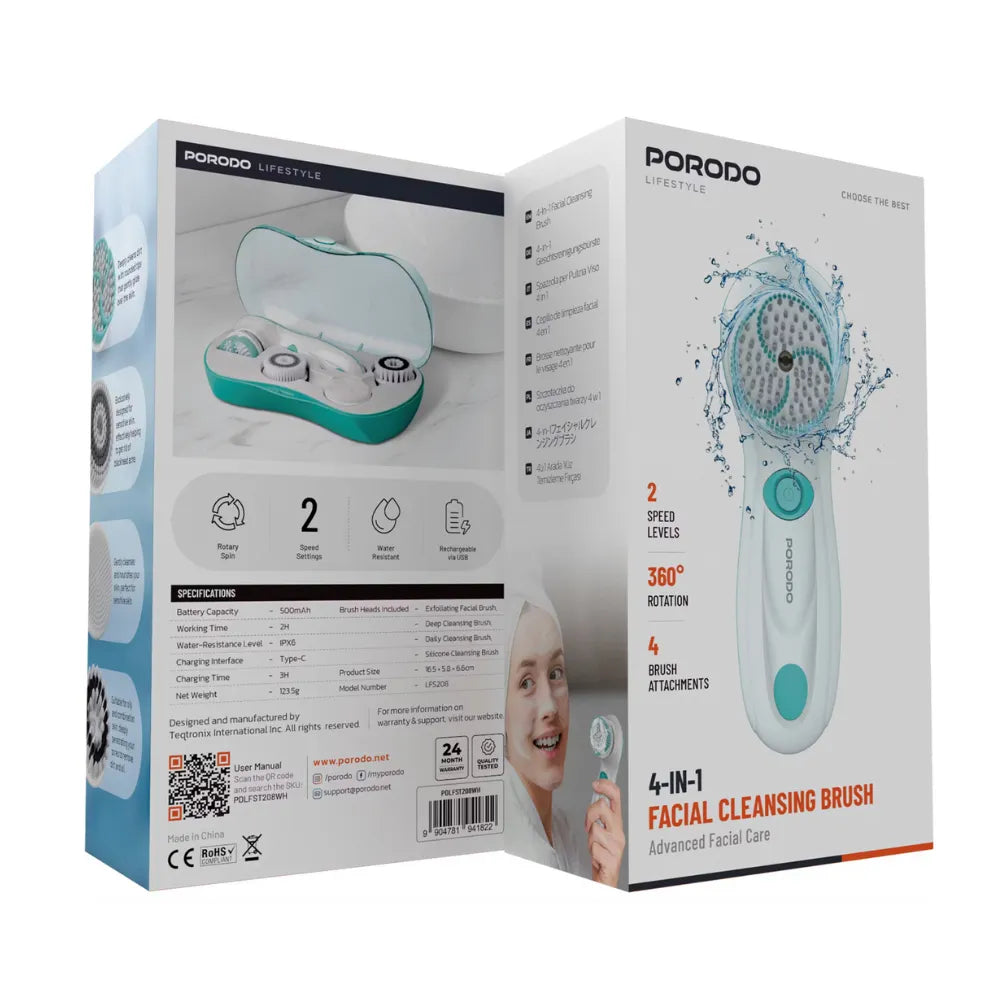 Porodo 4-in-1 Facial Cleansing Brush 2-Speed 360° Rotation with 4 Brush Attachments, 500mAh Battery, Type-C Charging – White