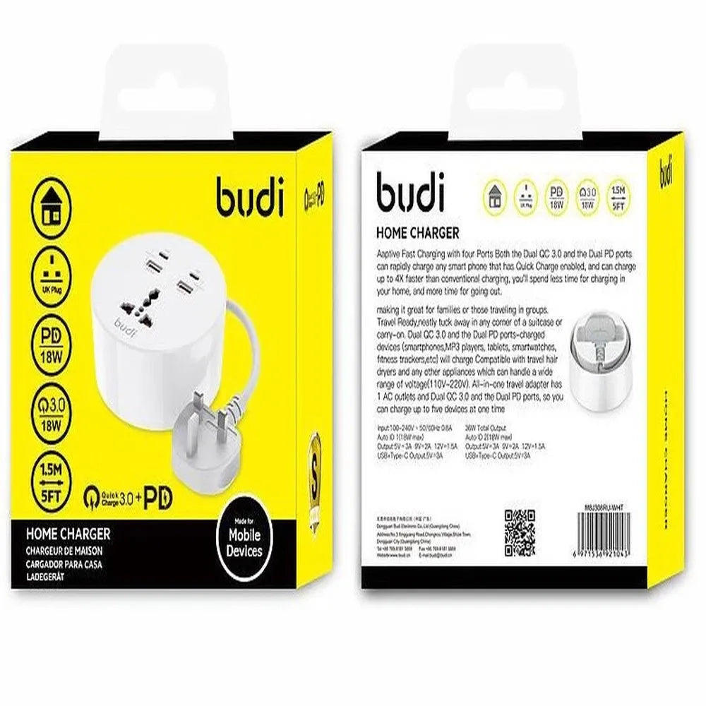 Budi QC 3.0 Home Charger 18W With 2 USB and Type-C Port - UK Plug