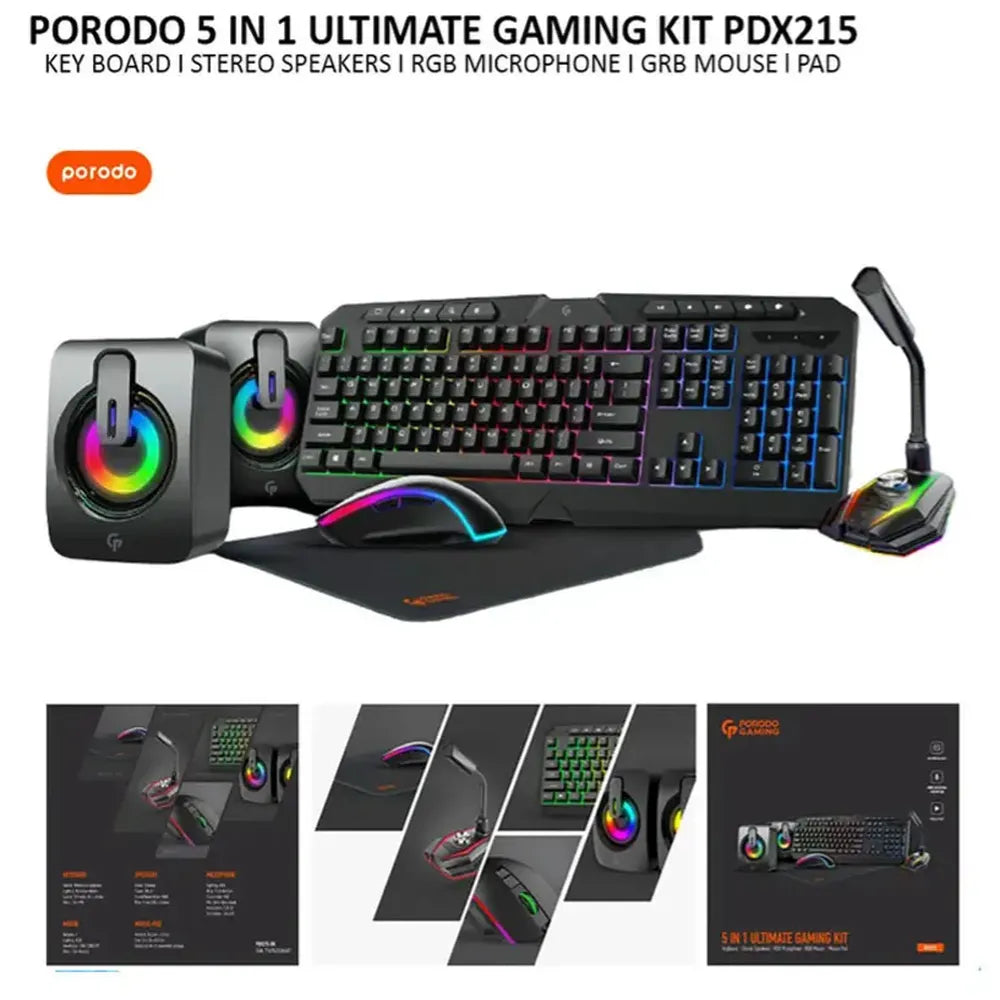 Porodo PDX215 5 in 1 Ultimate Gaming Kit Keyboard, Mouse, Mouse Pad, Microphone, and Speakers Included