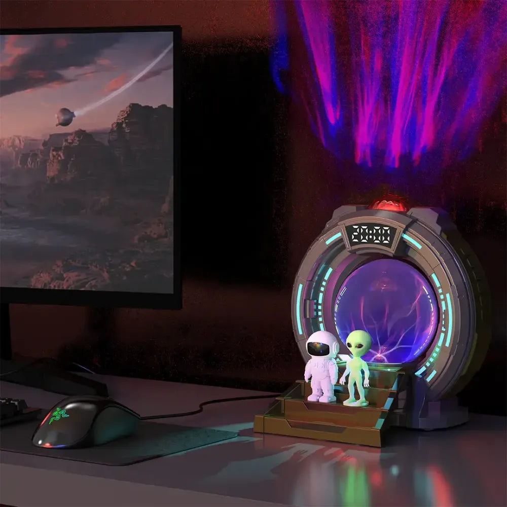Porodo Alien Projection Lamp with Remote, Aurora Galaxy Night Light, Interactive Plasma Ball, Clock Display