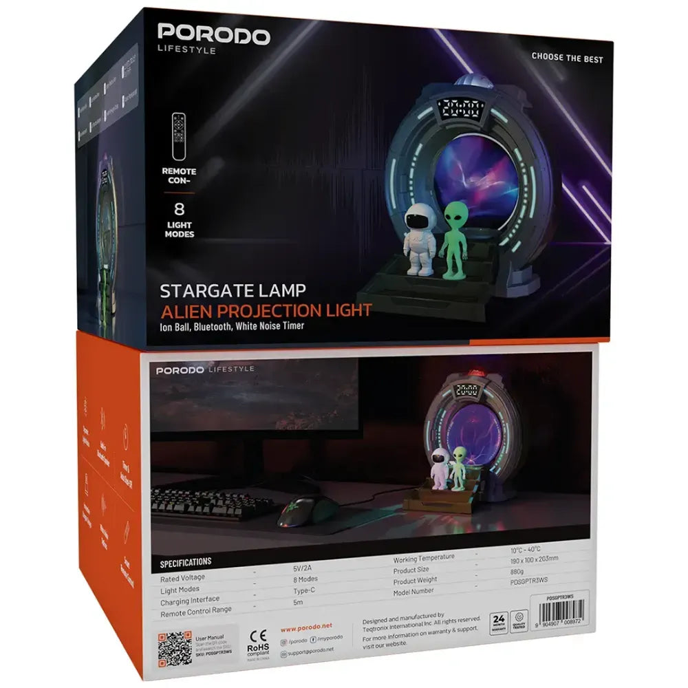 Porodo Alien Projection Lamp with Remote, Aurora Galaxy Night Light, Interactive Plasma Ball, Clock Display