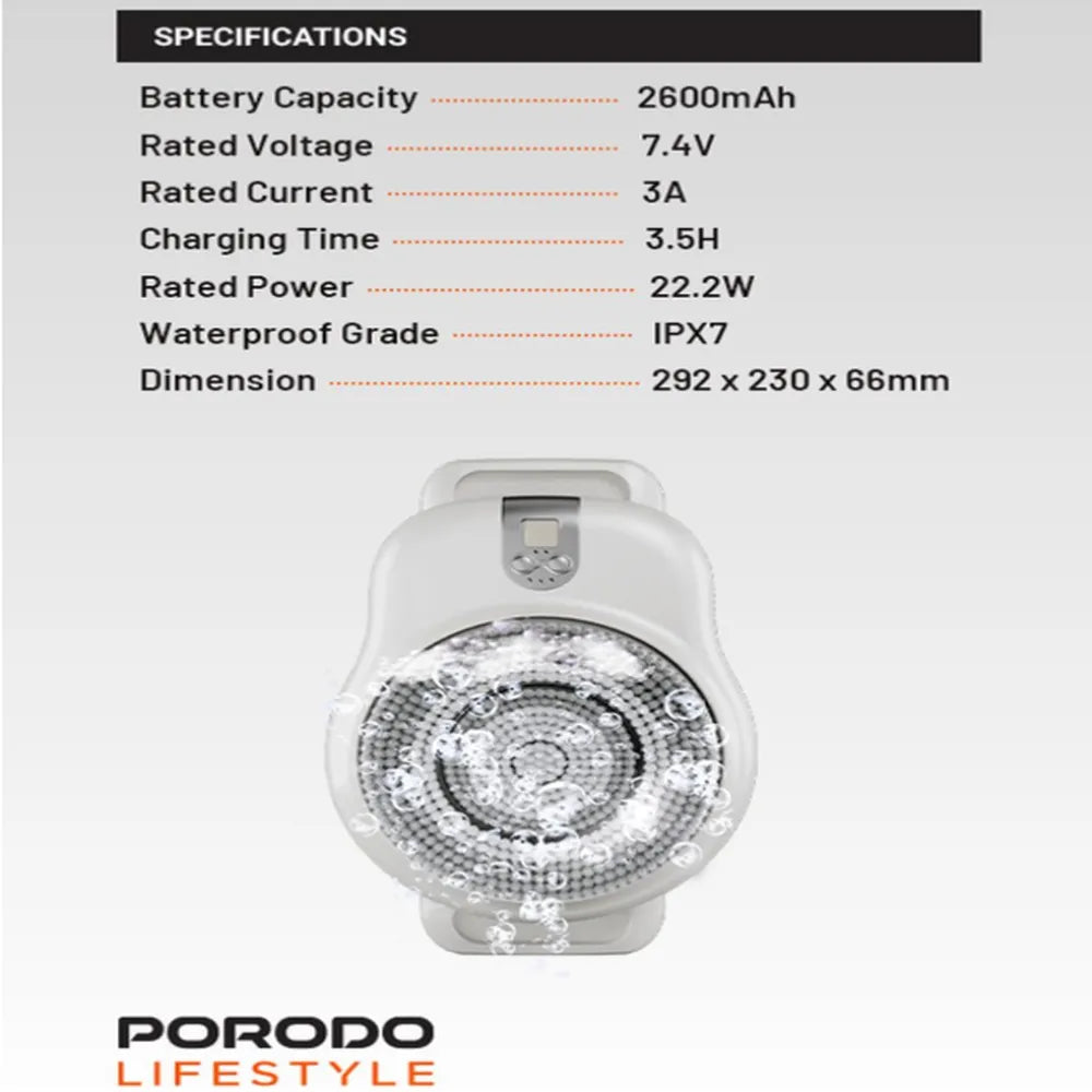 Porodo Lifestyle Wall Mounted Electric Back Scrub 22.5W Rated Power 2600mAh Battery  – White