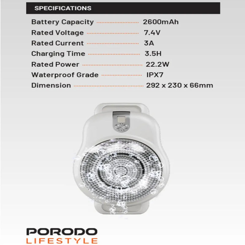 Porodo Lifestyle Wall Mounted Electric Back Scrub 22.5W Rated Power 2600mAh Battery  – White