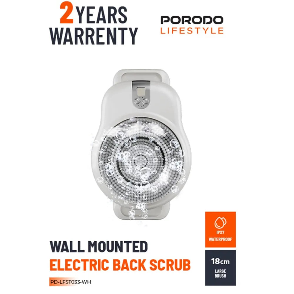 Porodo Lifestyle Wall Mounted Electric Back Scrub 22.5W Rated Power 2600mAh Battery  – White