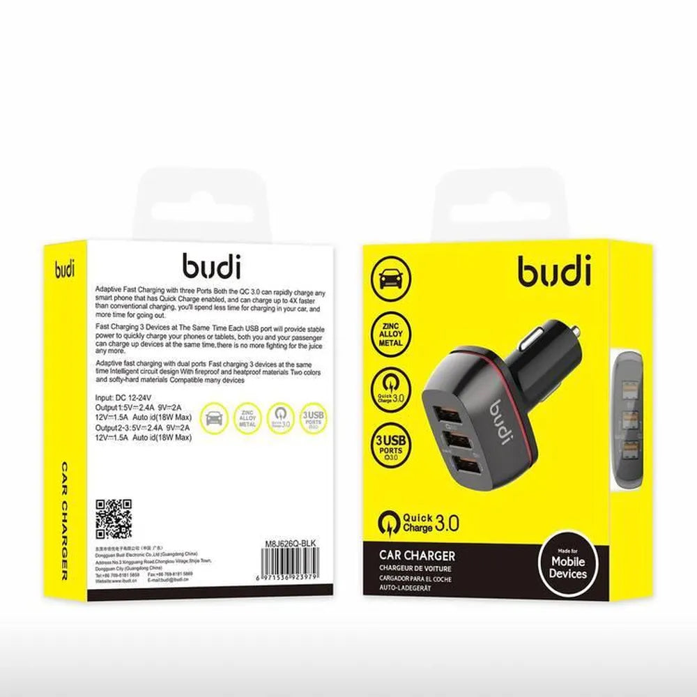 Budi Dual USB Car Charger Type C / PD Power 2.0 Technology