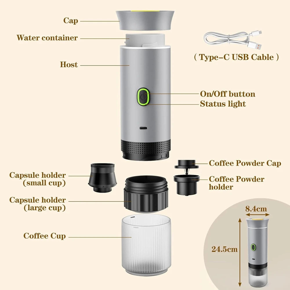 3-in-1 Portable Espresso Machine 60mL 2500mAh Battery Type-C Rechargeable