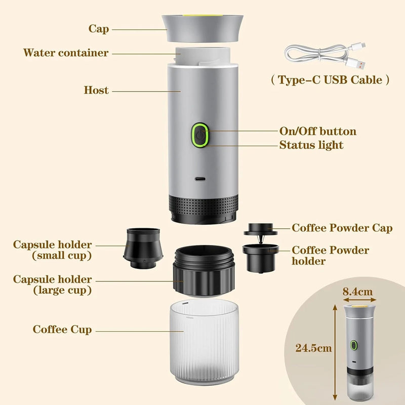 3-in-1 Portable Espresso Machine 60mL 2500mAh Battery Type-C Rechargeable