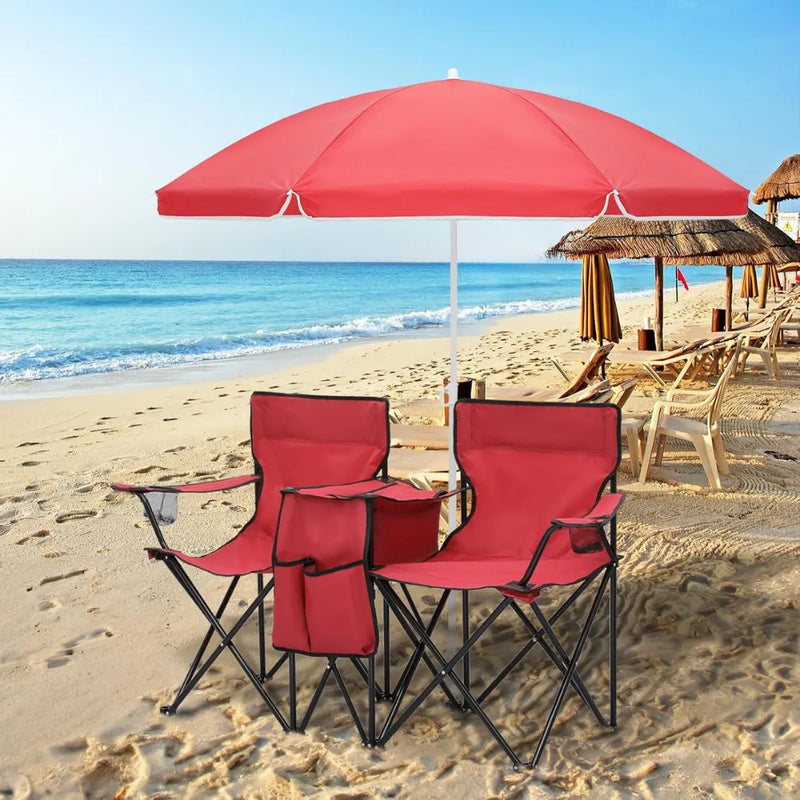 Double Folding Picnic Chairs – Portable 2-Seat Camping Chair with Adjustable Umbrella, Cooler Bag & Beverage Holders