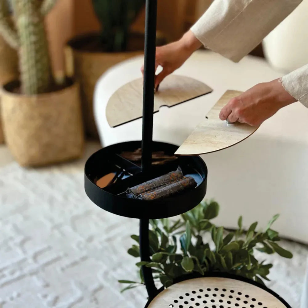 Modern Clothing Incense Burner (Mubkhara) – Iron & Melamine Wood Frame with Multi-Height Hanger Slots and Bukhoor Storage Compartment
