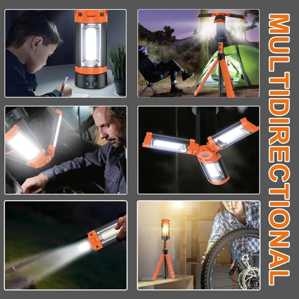 Crystals LED Work Light with Tripod Stand 2500 Lumens Rechargeable USB-C Portable Lamp 12H Battery for Garage, Camping & Outdoor Job Sites