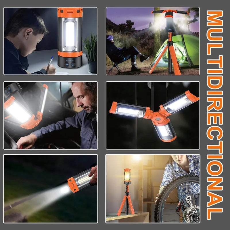 Crystals LED Work Light with Tripod Stand 2500 Lumens Rechargeable USB-C Portable Lamp 12H Battery for Garage, Camping & Outdoor Job Sites