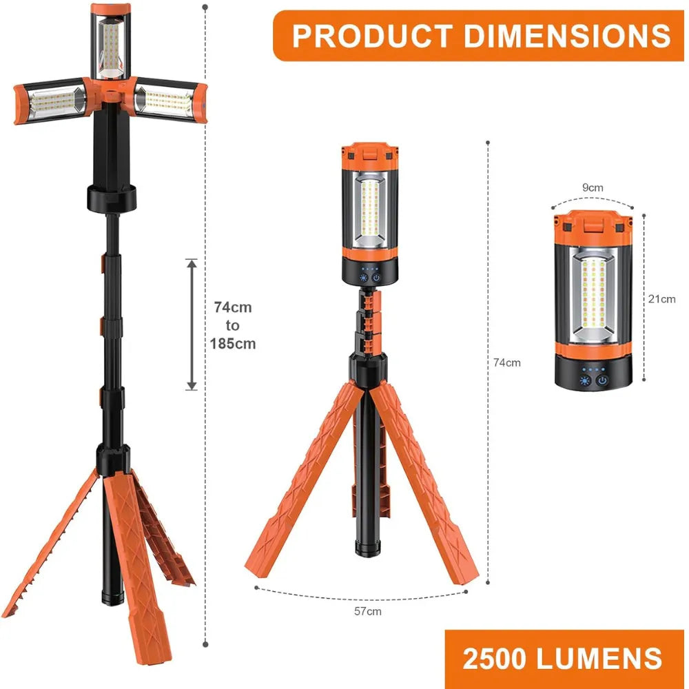 Crystals LED Work Light with Tripod Stand 2500 Lumens Rechargeable USB-C Portable Lamp 12H Battery for Garage, Camping & Outdoor Job Sites