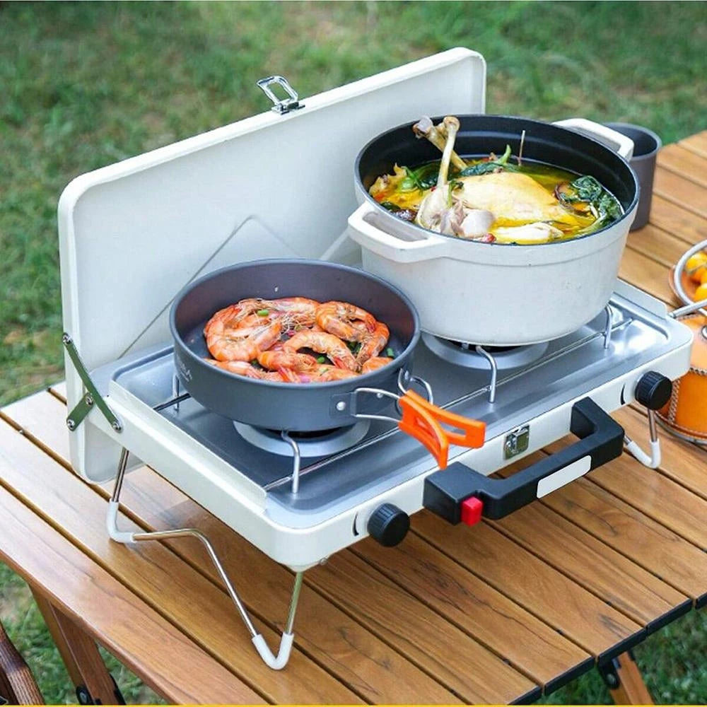 2-Burner Camping Propane Stove 3500W Dual Burners Portable Foldable Tabletop Gas Grill with Windshield & Easy-Clean Tray