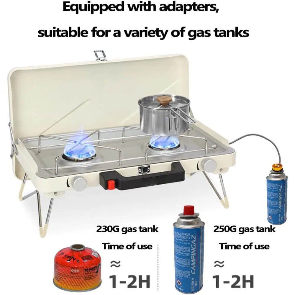 2-Burner Camping Propane Stove 3500W Dual Burners Portable Foldable Tabletop Gas Grill with Windshield & Easy-Clean Tray