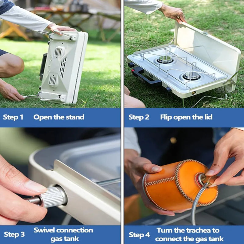 2-Burner Camping Propane Stove 3500W Dual Burners Portable Foldable Tabletop Gas Grill with Windshield & Easy-Clean Tray