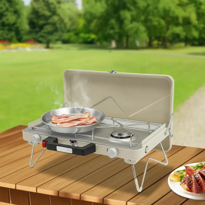 2-Burner Camping Propane Stove 3500W Dual Burners Portable Foldable Tabletop Gas Grill with Windshield & Easy-Clean Tray