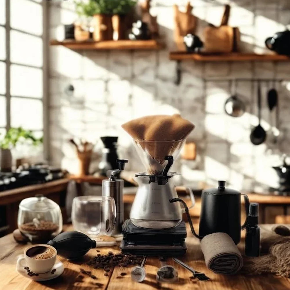 DENX V60 Coffee Kit DX2573 – 15-Piece Portable Brewing Set with 600ml Stainless Steel Kettle, Glass Server & Manual Grinder