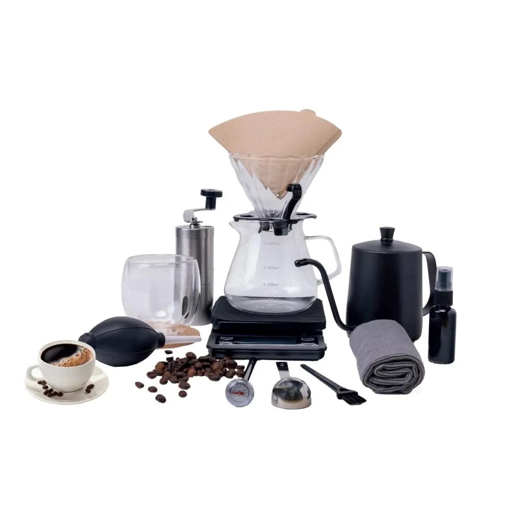 DENX V60 Coffee Kit DX2573 – 15-Piece Portable Brewing Set with 600ml Stainless Steel Kettle, Glass Server & Manual Grinder