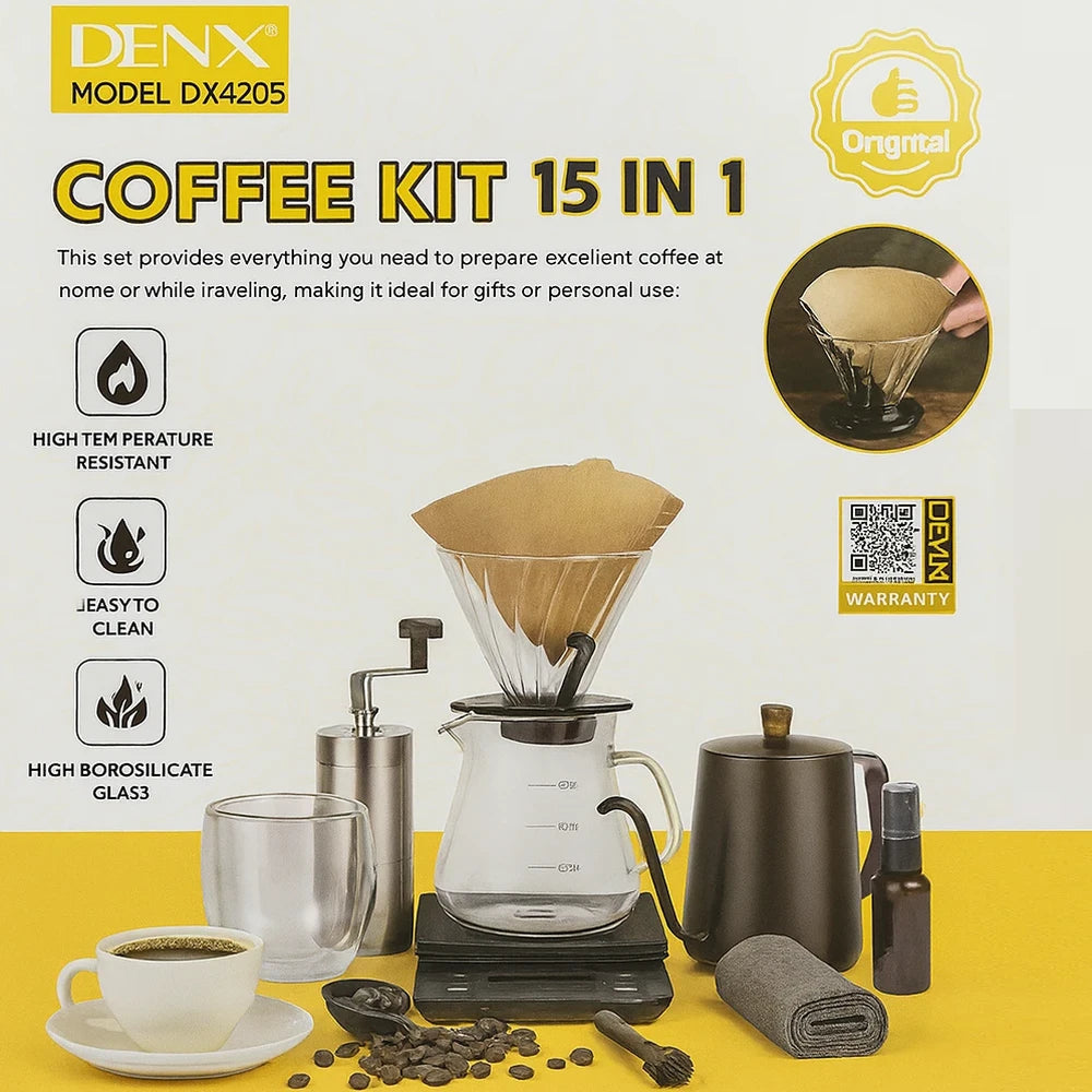 DENX V60 Coffee Kit DX2573 – 15-Piece Portable Brewing Set with 600ml Stainless Steel Kettle, Glass Server & Manual Grinder