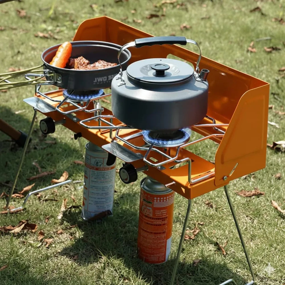 Dual-Burner Indoor Outdoor Gas Stove 2.6KW Portable Foldable Camping Heater with 3-Sided Windshield for Cooking, Boiling & Grilling