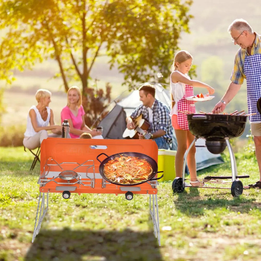 Dual-Burner Indoor Outdoor Gas Stove 2.6KW Portable Foldable Camping Heater with 3-Sided Windshield for Cooking, Boiling & Grilling