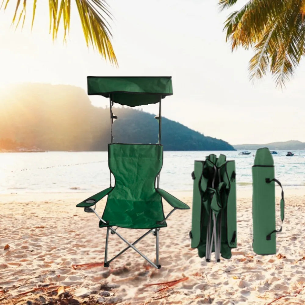 Folding Camping Chair with Canopy Shade Heavy-Duty Portable Outdoor Beach Chair for Camping, Picnic & Backyard Relaxation - Green