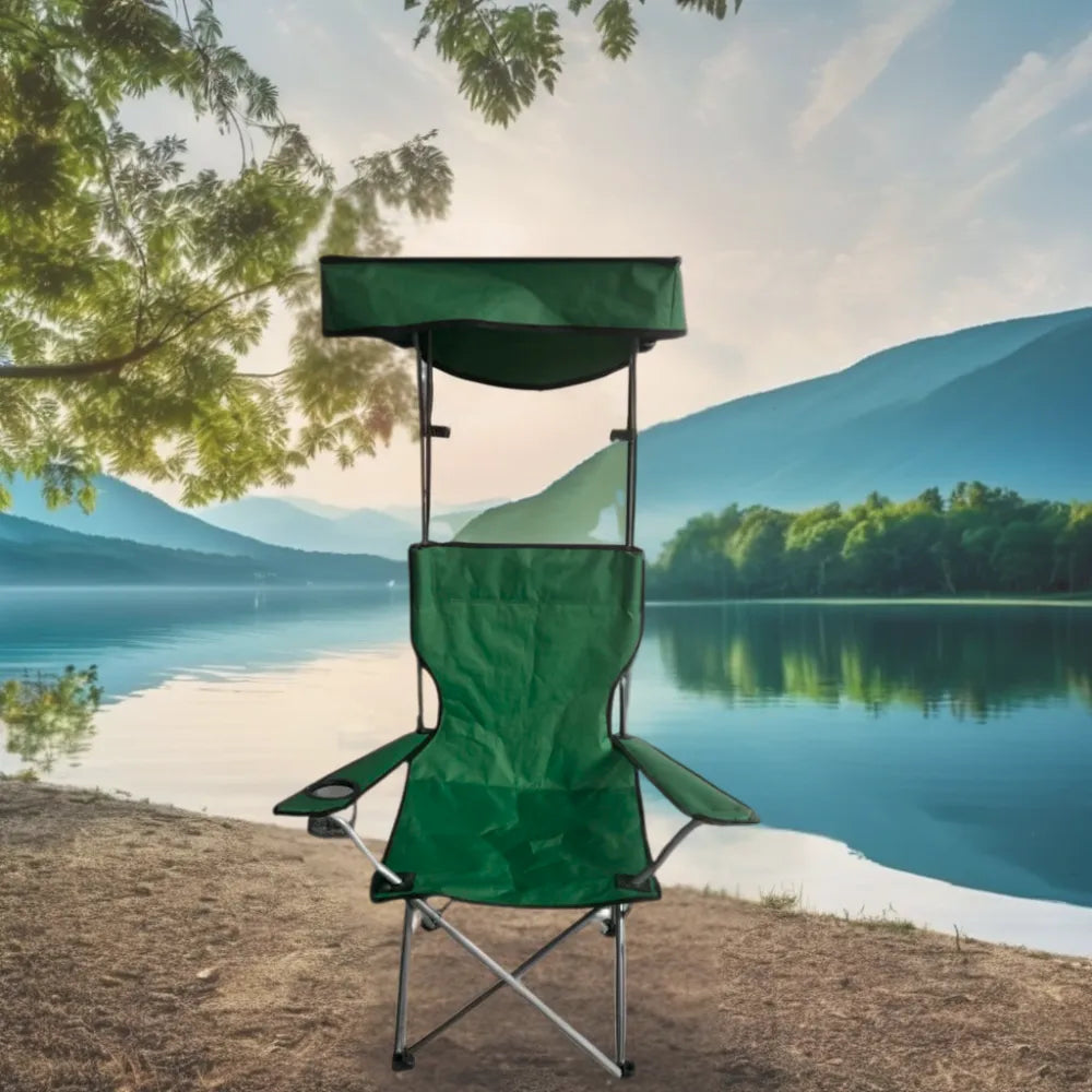 Folding Camping Chair with Canopy Shade Heavy-Duty Portable Outdoor Beach Chair for Camping, Picnic & Backyard Relaxation - Green