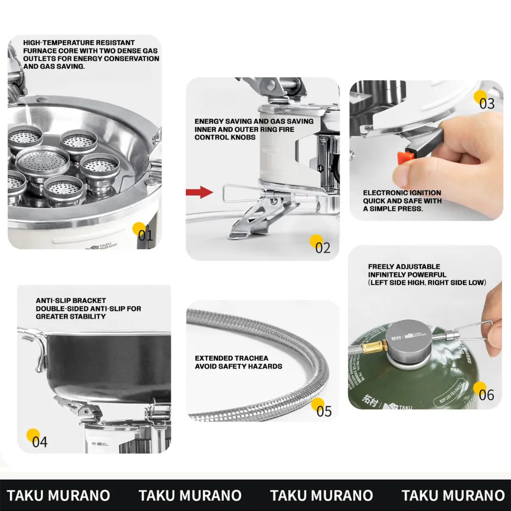 Taku Murano 7-Burner Portable Gas Stove Windproof High-Heat Outdoor Cooking Stove Compact Camping Cooker for Picnics, Steamboat & Travel