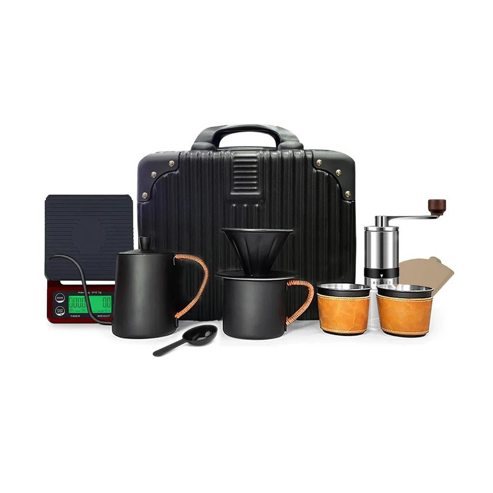 Portable Coffee Travel Set, Manual Coffee Grinder (6 Gears), Digital Coffee Scale with Timer, Antique Arabic Stainless Steel Coffee Cup & Saucer