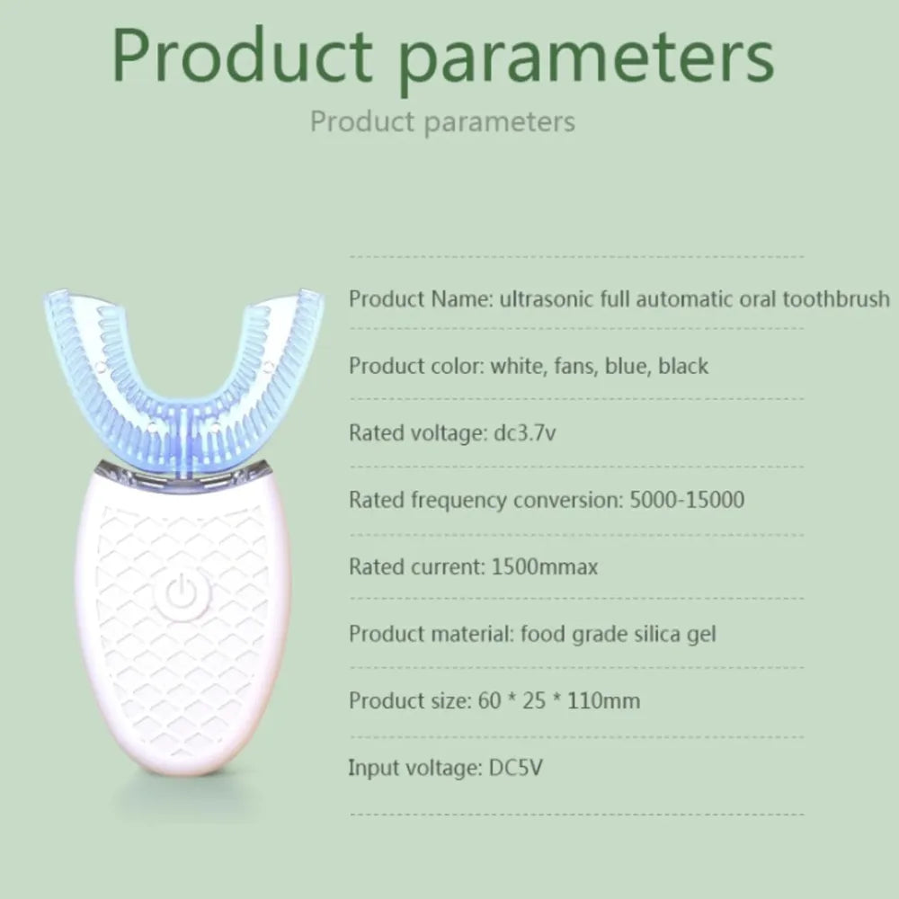 UltraClean Smart U-Shape Sonic Electric Toothbrush, 360° Automatic Silicone Hands-Free Toothbrush for Adults, IPX7 Waterproof (White)