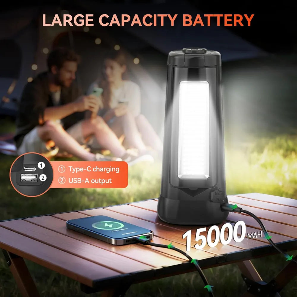 15,000mAh Rechargeable Camping & Work Light – 5500 Lumens Triple-Head LED Lamp with 5 Modes, Magnetic Base & Power Bank Function (Black)