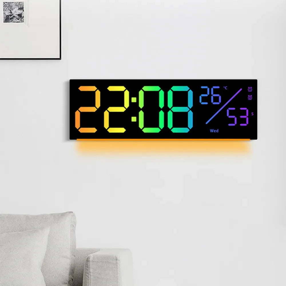 RGB LED Digital Wall Clock – Multifunction Display with Date, Temperature, Chronograph, Dual Alarms & Adjustable Brightness (28×9×3 cm, ABS Body)