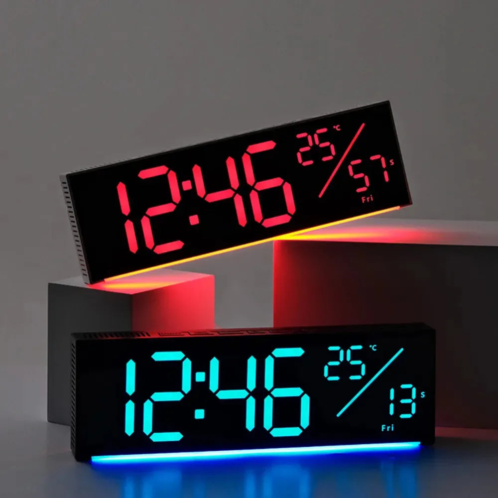 RGB LED Digital Wall Clock – Multifunction Display with Date, Temperature, Chronograph, Dual Alarms & Adjustable Brightness (28×9×3 cm, ABS Body)