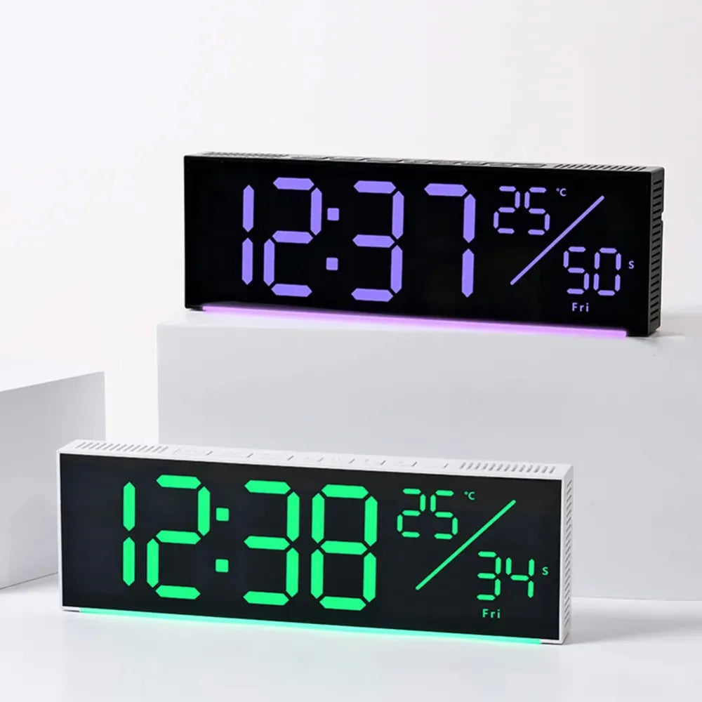 RGB LED Digital Wall Clock – Multifunction Display with Date, Temperature, Chronograph, Dual Alarms & Adjustable Brightness (28×9×3 cm, ABS Body)