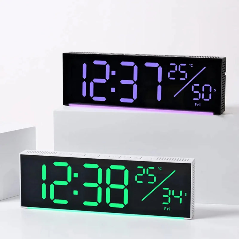 RGB LED Digital Wall Clock – Multifunction Display with Date, Temperature, Chronograph, Dual Alarms & Adjustable Brightness (28×9×3 cm, ABS Body)