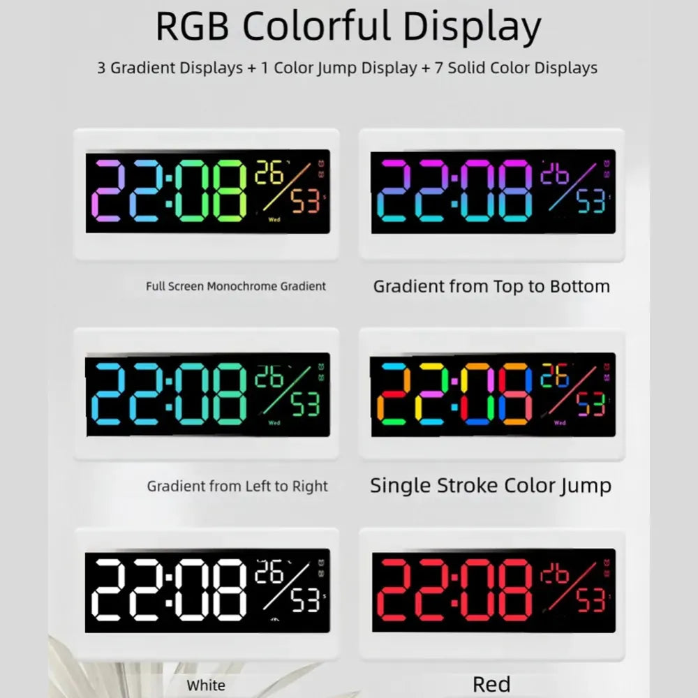 RGB LED Digital Wall Clock – Multifunction Display with Date, Temperature, Chronograph, Dual Alarms & Adjustable Brightness (28×9×3 cm, ABS Body)