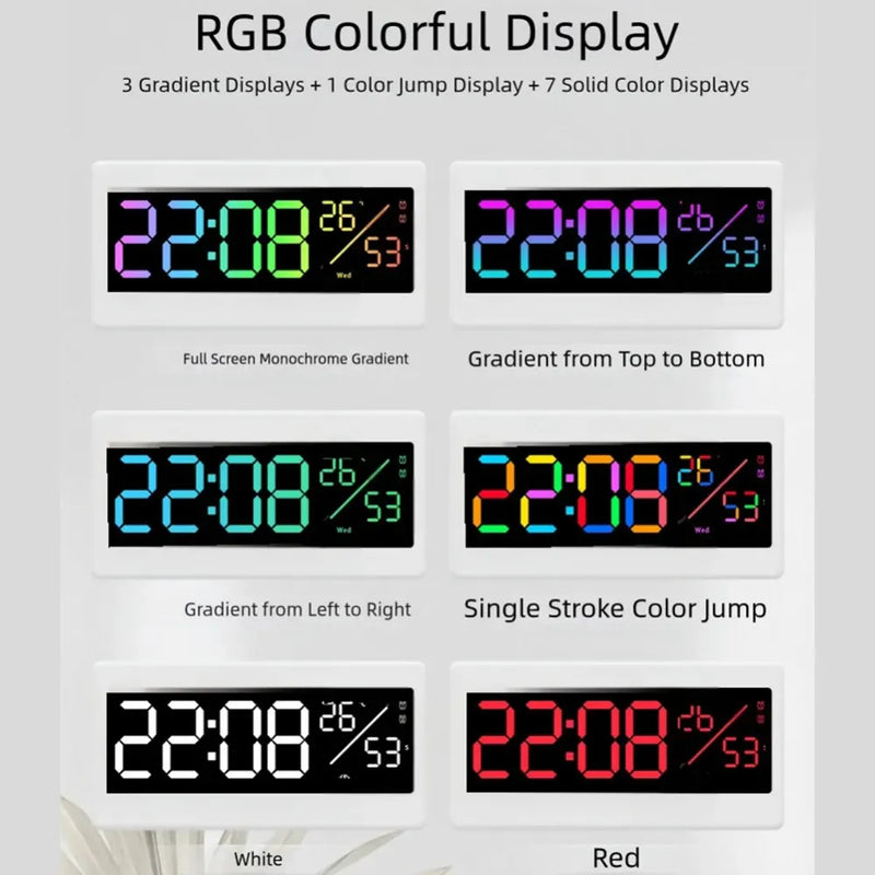 RGB LED Digital Wall Clock – Multifunction Display with Date, Temperature, Chronograph, Dual Alarms & Adjustable Brightness (28×9×3 cm, ABS Body)