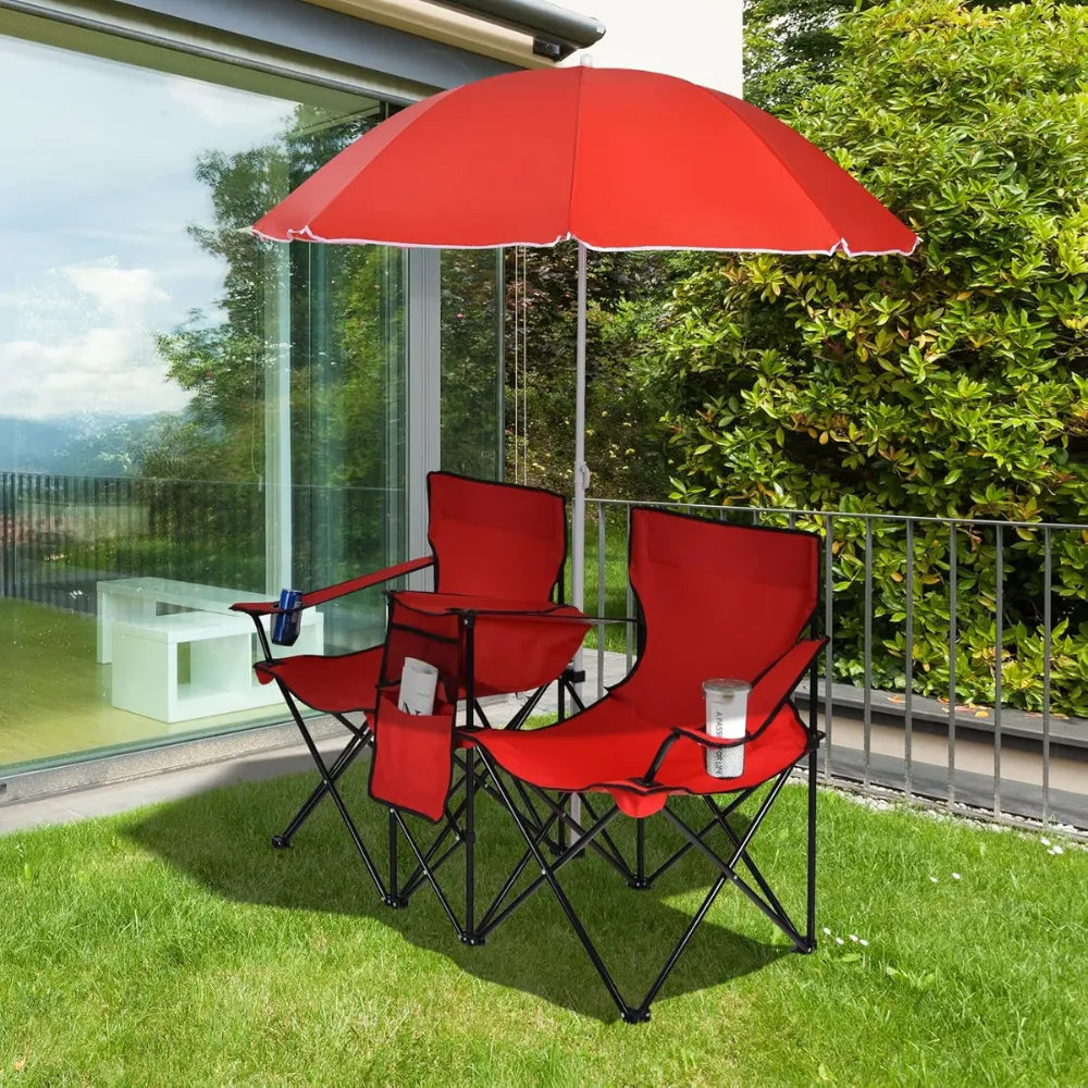 Double Folding Picnic Chairs – Portable 2-Seat Camping Chair with Adjustable Umbrella, Cooler Bag & Beverage Holders