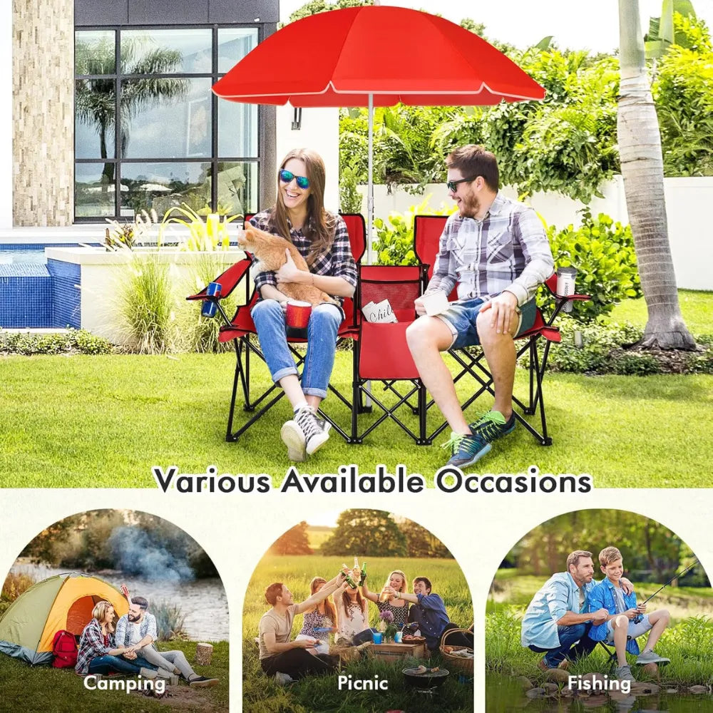 Double Folding Picnic Chairs – Portable 2-Seat Camping Chair with Adjustable Umbrella, Cooler Bag & Beverage Holders