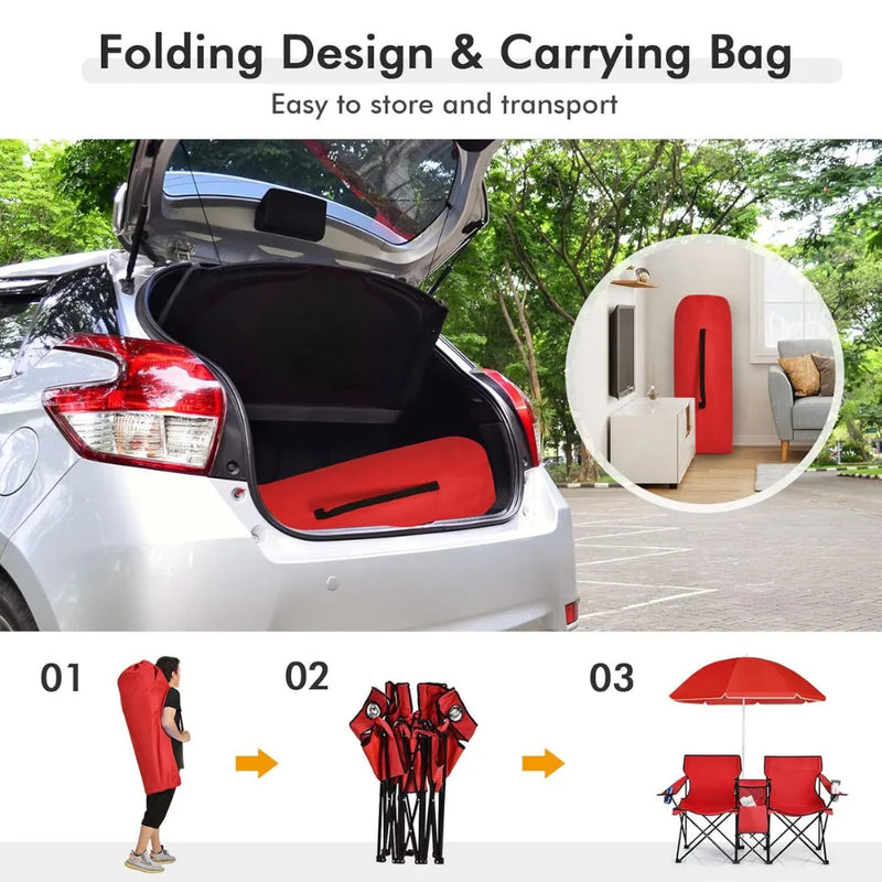 Double Folding Picnic Chairs – Portable 2-Seat Camping Chair with Adjustable Umbrella, Cooler Bag & Beverage Holders