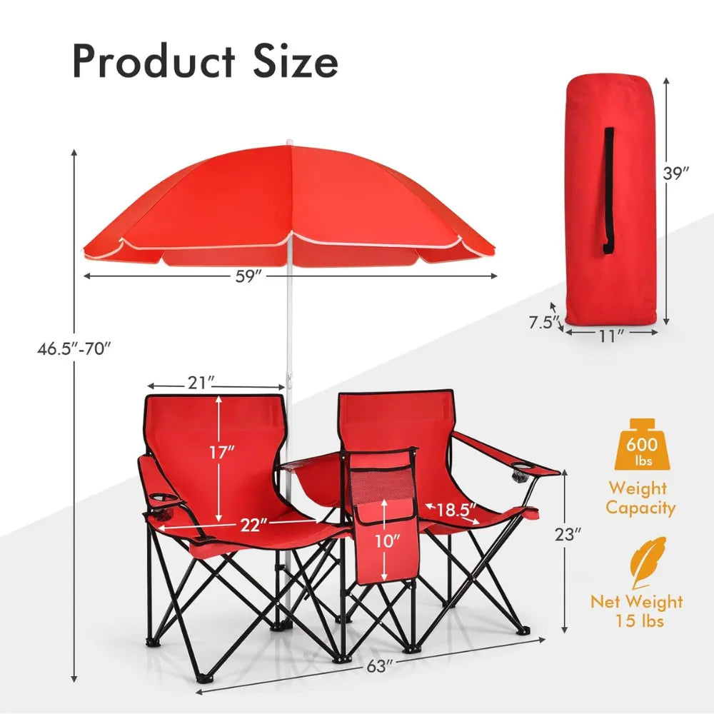 Double Folding Picnic Chairs – Portable 2-Seat Camping Chair with Adjustable Umbrella, Cooler Bag & Beverage Holders