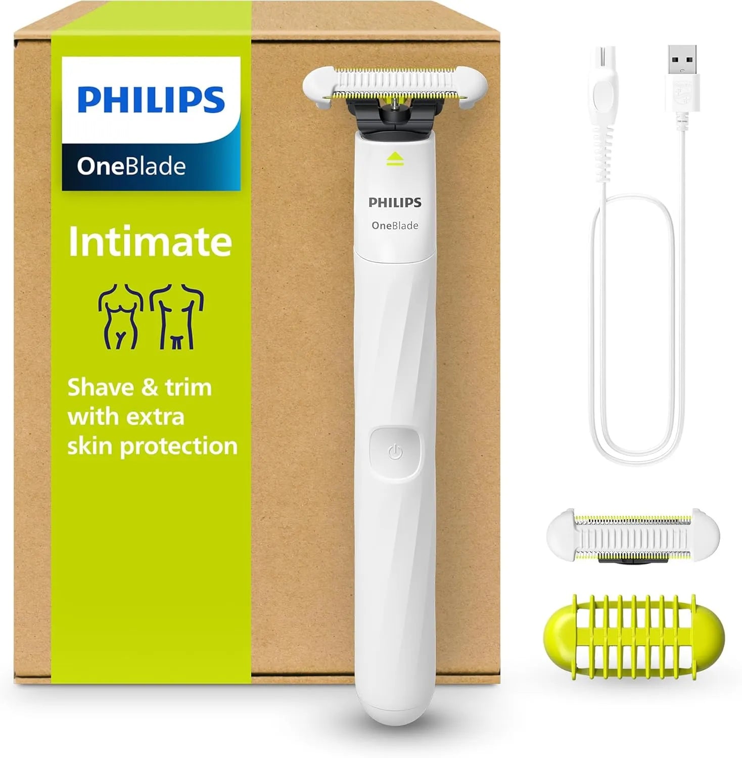 Philips Norelco OneBlade Intimate Trimmer – Rechargeable Electric Groomer with Skin Protect Blade, Extra Blade & 3mm Body Comb, Waterproof – White
