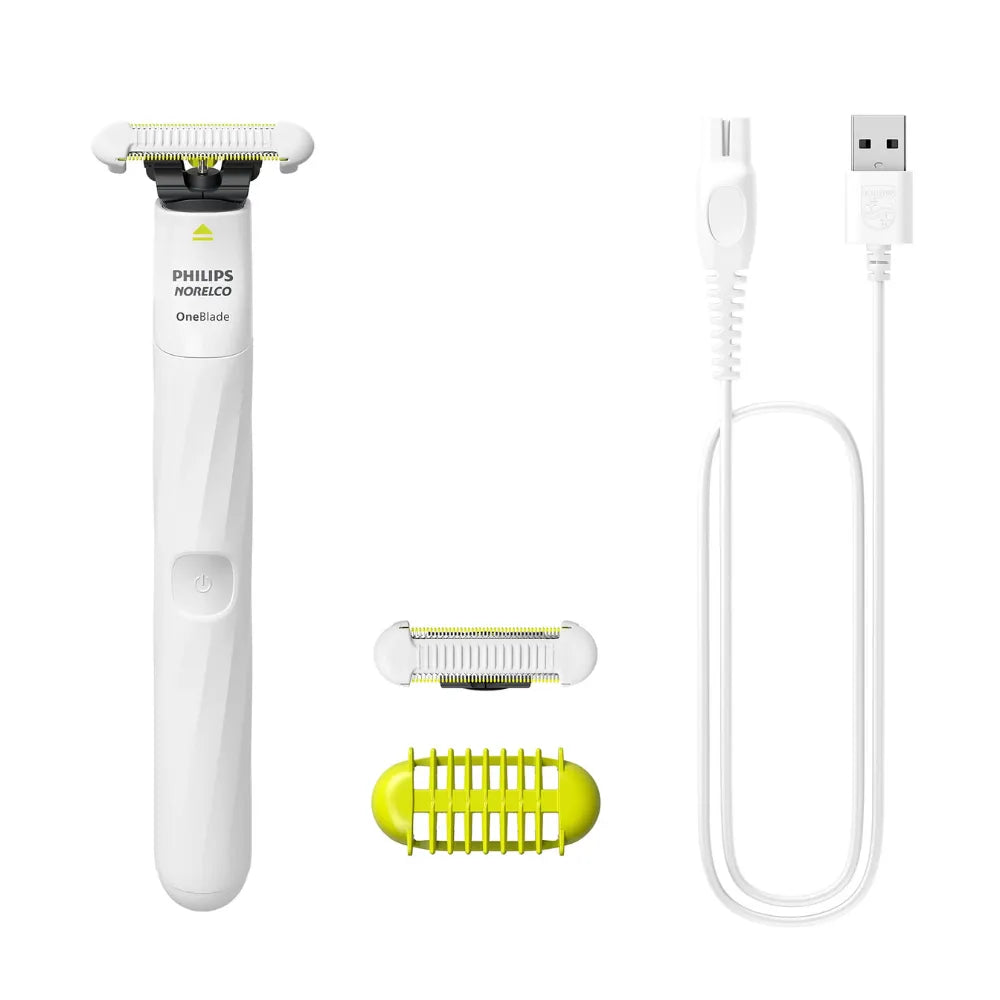 Philips Norelco OneBlade Intimate Trimmer – Rechargeable Electric Groomer with Skin Protect Blade, Extra Blade & 3mm Body Comb, Waterproof – White