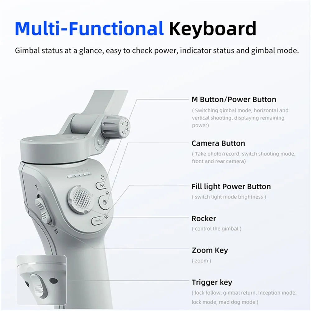 TOKQI M01 3-Axis Handheld Gimbal Stabilizer – Anti-Shake, Face Tracking, Adjustable Fill Light & App Control for Live Streaming & Video Recording